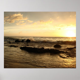 Póster Atardecer: olas que se estrellan