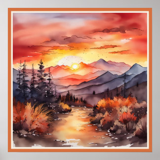 Póster Atardecer otoño en la montaña acuarela Faux Mat