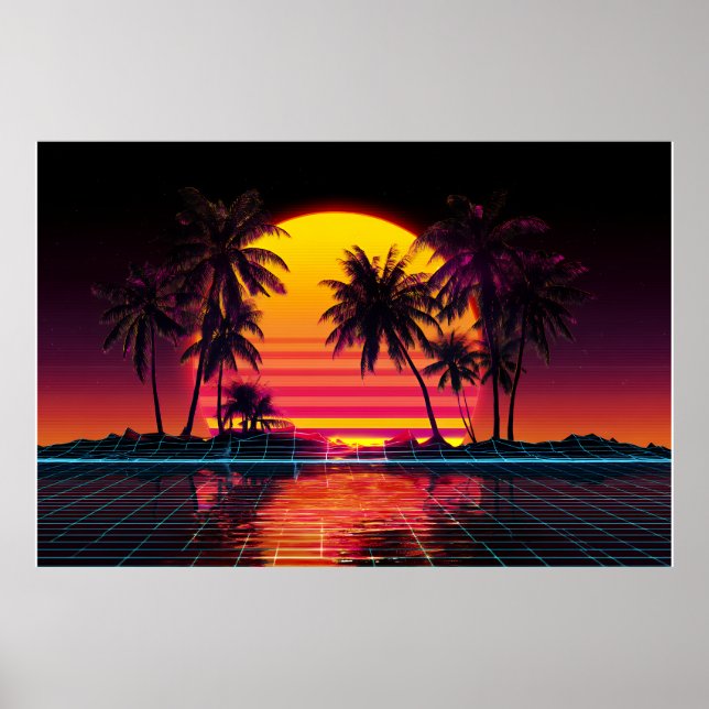 Póster Atardecer Palma Cuadrícula de Neón (Frente)