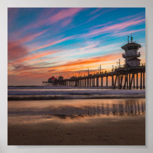 Póster Atardecer por el muelle de Huntington Beach en Cal