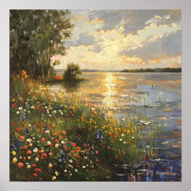 Póster Atardecer por la pintura al óleo del lago (Frente)