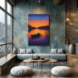 Póster Atardecer puntillista con barca en el lago