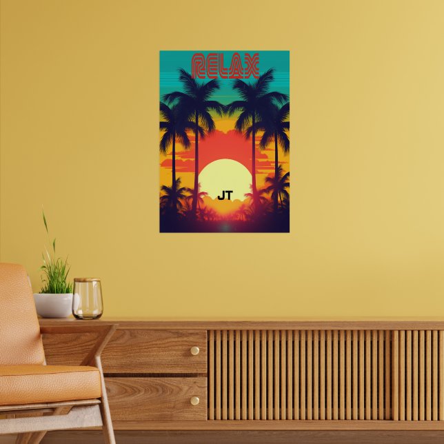Póster Atardecer Retro Tropical al Estilo de los 80 (Salón 2)