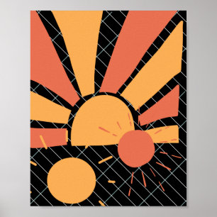Póster atardecer rojo y naranja retro y patrón de líneas