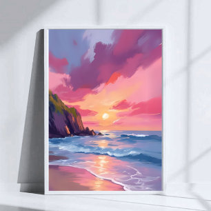 Póster Atardecer Rosa Olas de Playa Oceánica Acuarela