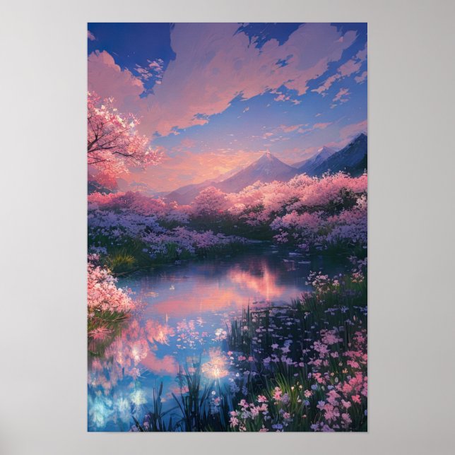 Póster Atardecer sobre el estanque sereno de flores de ce (Frente)