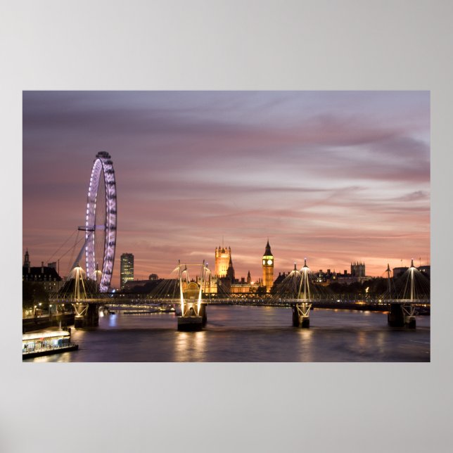 Póster Atardecer sobre el Ojo y el Parlamento de Londres (Frente)