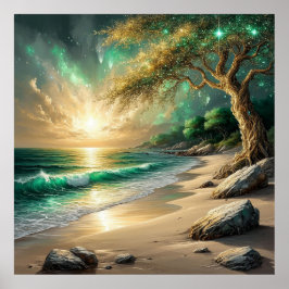 Póster Atardecer sobre playa tranquila con árbol místico