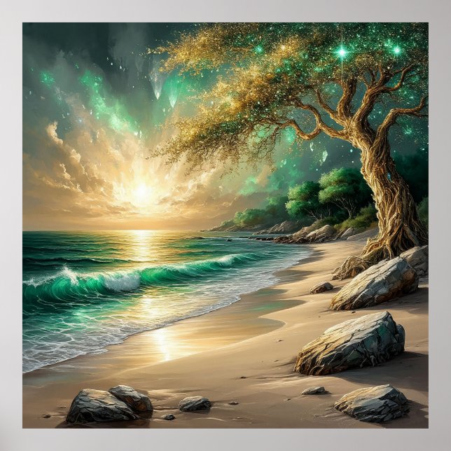 Póster Atardecer sobre playa tranquila con árbol místico (Frente)