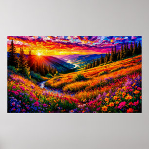 Póster Atardecer sobre pradera de flores silvestres 🌅 Mo