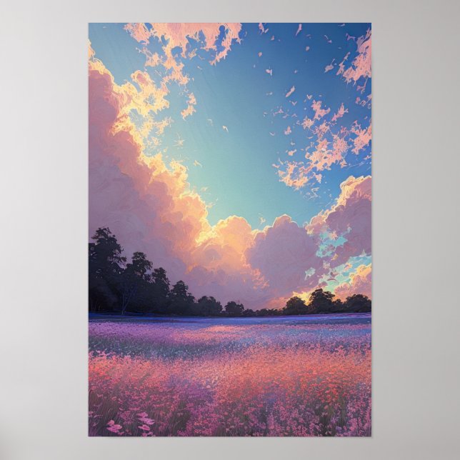 Póster Atardecer sobre un campo de flores rosas y azules (Frente)