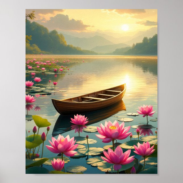 Póster Atardecer Tranquilo En El Lago Con Barco Y Flores (Frente)