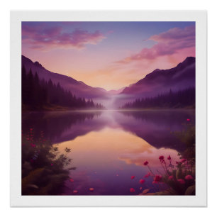 Póster Atardecer tranquilo sobre un lago de montaña