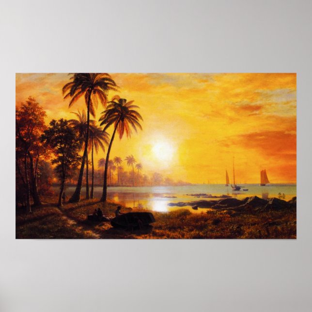 Póster Atardecer tropical con Poster de barcos pesqueros (Frente)