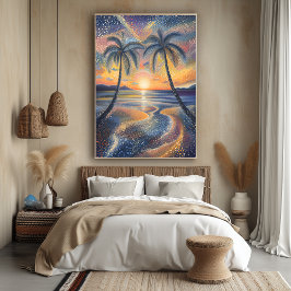 Póster Atardecer tropical en estilo puntillista