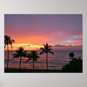 Póster Atardecer tropical hawaiano en la playa