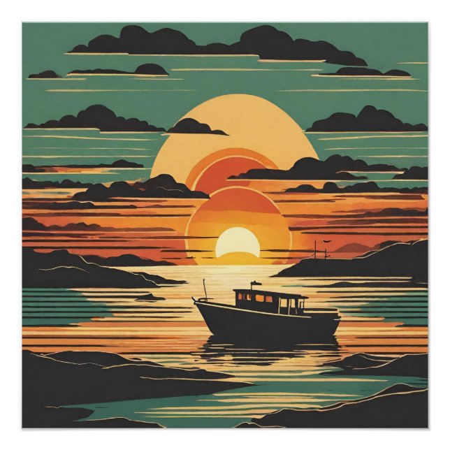 Póster Atardecer tropical retro con barca y nubes negras (Anverso)
