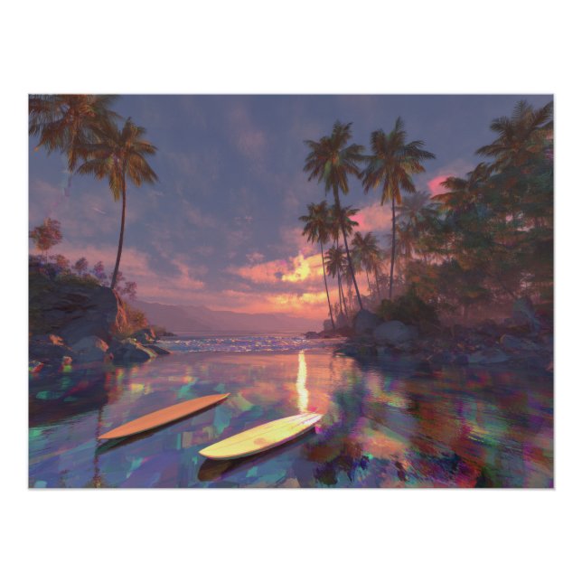 Póster Atardecer tropical soñador con reflejos de error (Anverso)