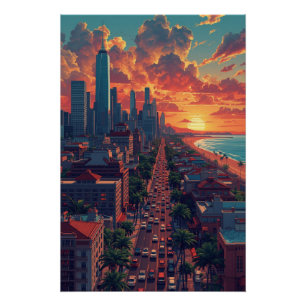 Póster Atardecer urbano tropical, vibrante bulevar de pai