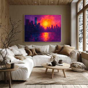 Póster Atardecer urbano vibrante Fauvista en lienzo – Pai