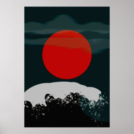 Póster Atardecer verde oscuro con sol rojo