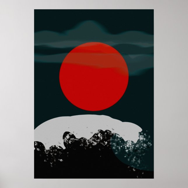 Póster Atardecer verde oscuro con sol rojo (Frente)
