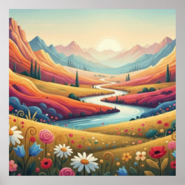 Póster Atardecer Vibrante Paisaje Moderno de Montaña y Fl