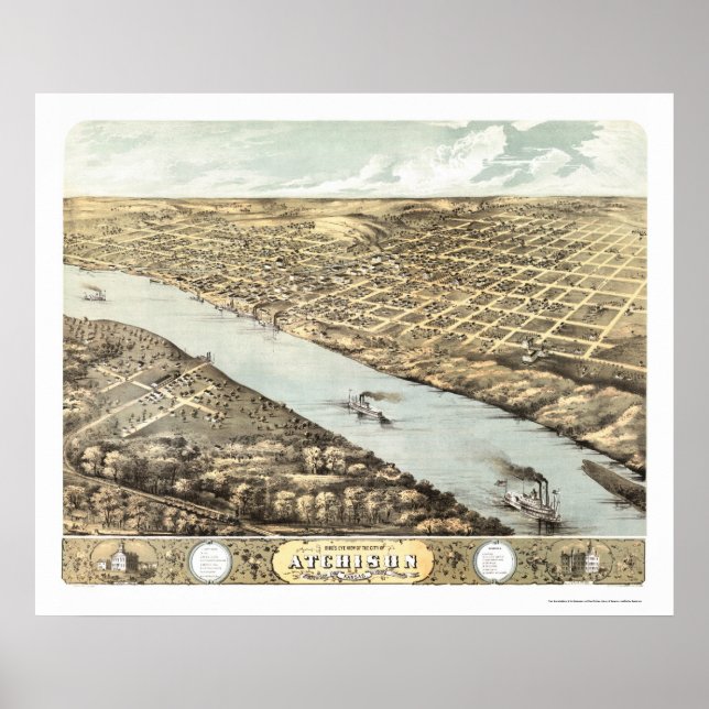 Póster Atchison, mapa panorámico KS - 1869 (Frente)