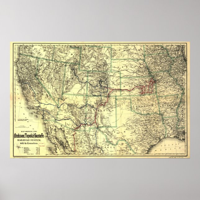 Póster Atchison Topeka y Sante Fe Railroad MAP 1883 WEST (Frente)