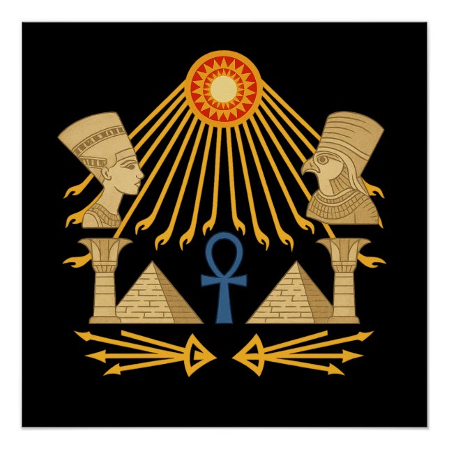 Póster Aten Sun Disc – Ankh, Horus & Nefertiti (Anverso)