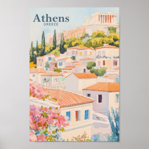 Póster Atenas Grecia Gouache Paint Ilustracion Viajes