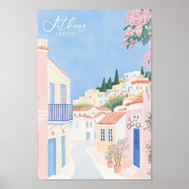 Póster Atenas Grecia Gouache Paint Ilustracion Viajes (Frente)