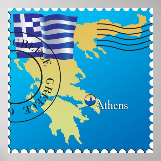 Póster Atenas Grecia: Sello de viaje Bandera griega y map (Frente)