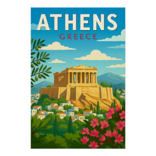 Póster Atenas Grecia Viaje Vintage   Partenón Acrópolis