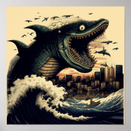 Póster Atentado de anime de tiburón de sushi loco