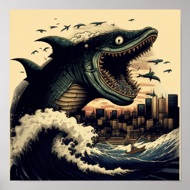 Póster Atentado de anime de tiburón de sushi loco (Frente)