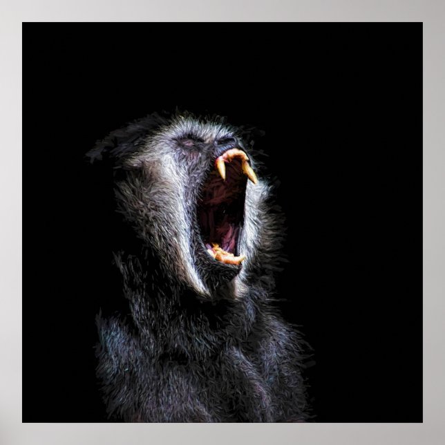 Póster Aterrador mono Gibbon negro vicioso dientes de die (Frente)