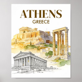 Póster Athens Greece Acropolis Watercolor Sketch Travel