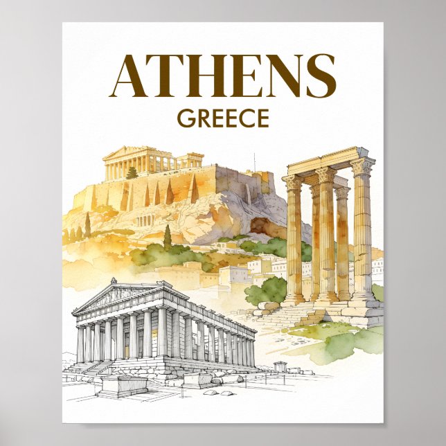 Póster Athens Greece Acropolis Watercolor Sketch Travel (Frente)