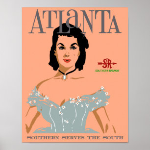 Póster Atlanta, afiche de viaje por ferrocarril de estilo