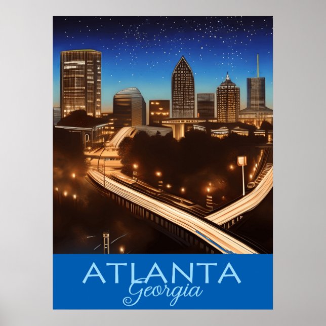 Póster Atlanta Georgia Poster de Noche Azul y Oro (Frente)
