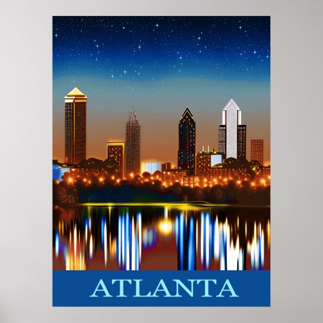 Póster Atlanta Skyline por noche con reflexiones (Frente)