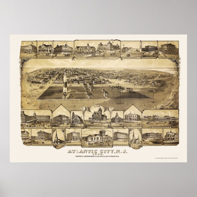 Póster Atlantic City, NJ Panoramic Map - 1880 (Frente)