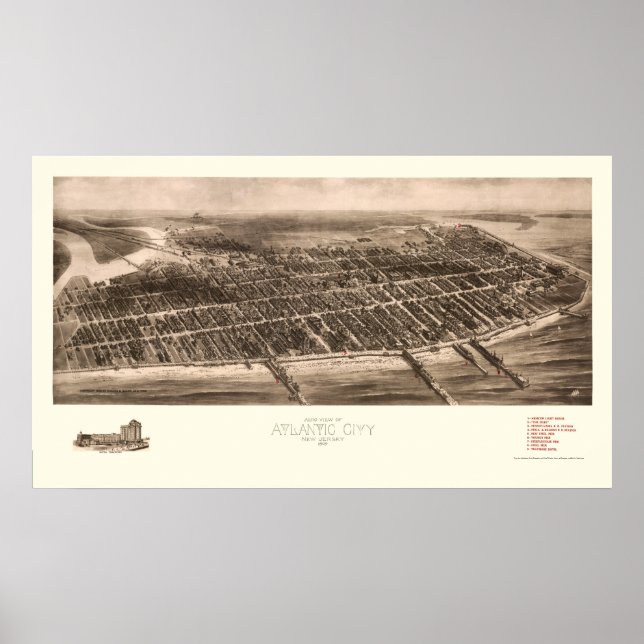 Póster Atlantic City, NJ Panoramic Map - 1909 (Frente)