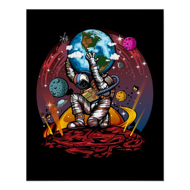 Póster Atlas Astronaut Holding Earth Mars Galaxy Cosmic (Anverso)