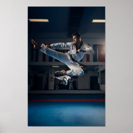 Póster Atleta de Taekwondo realizando patada lateral vola