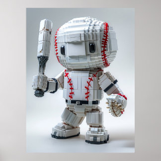 Póster Atleta Mínimo de Voxel con Uniforme Blanco - Béisb