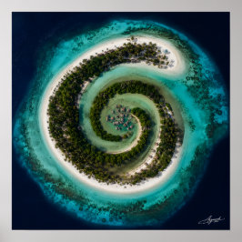 Póster Atolón en espiral con vista satelital de pueblo fl