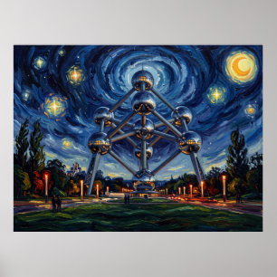 Póster Atomium Bruselas bajo la noche estrellada