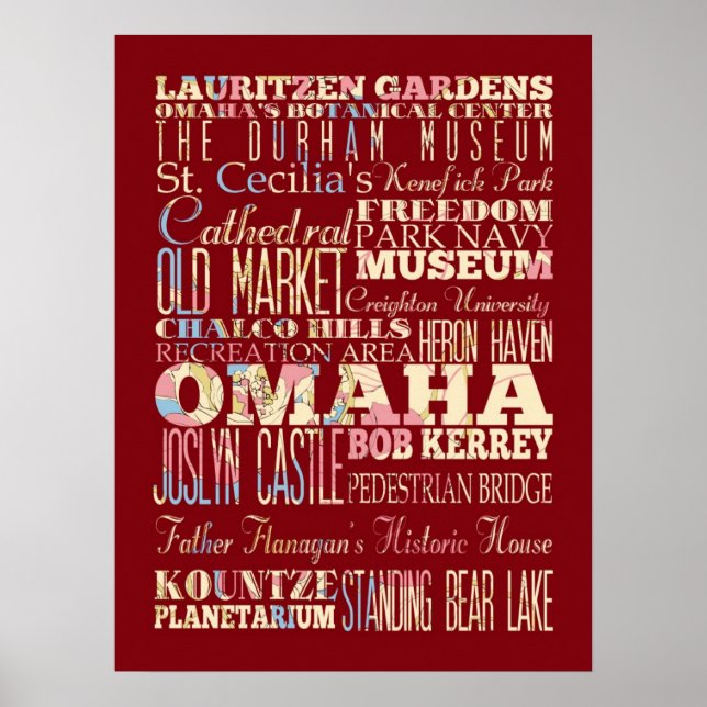 Póster Atracción y famosos lugares de Omaha, Nebraska (Frente)